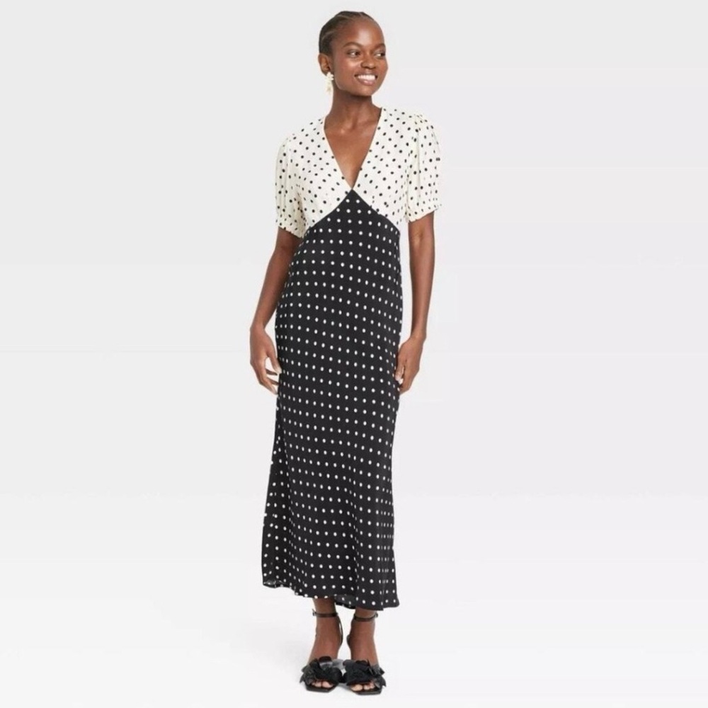 a new day Black and White Polka Dot Midi Dress